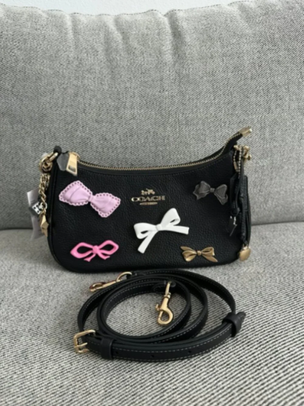 NWT COACH CDY93 Teri Shoulder Bag With Bows And Charms Pebble Leather Black
